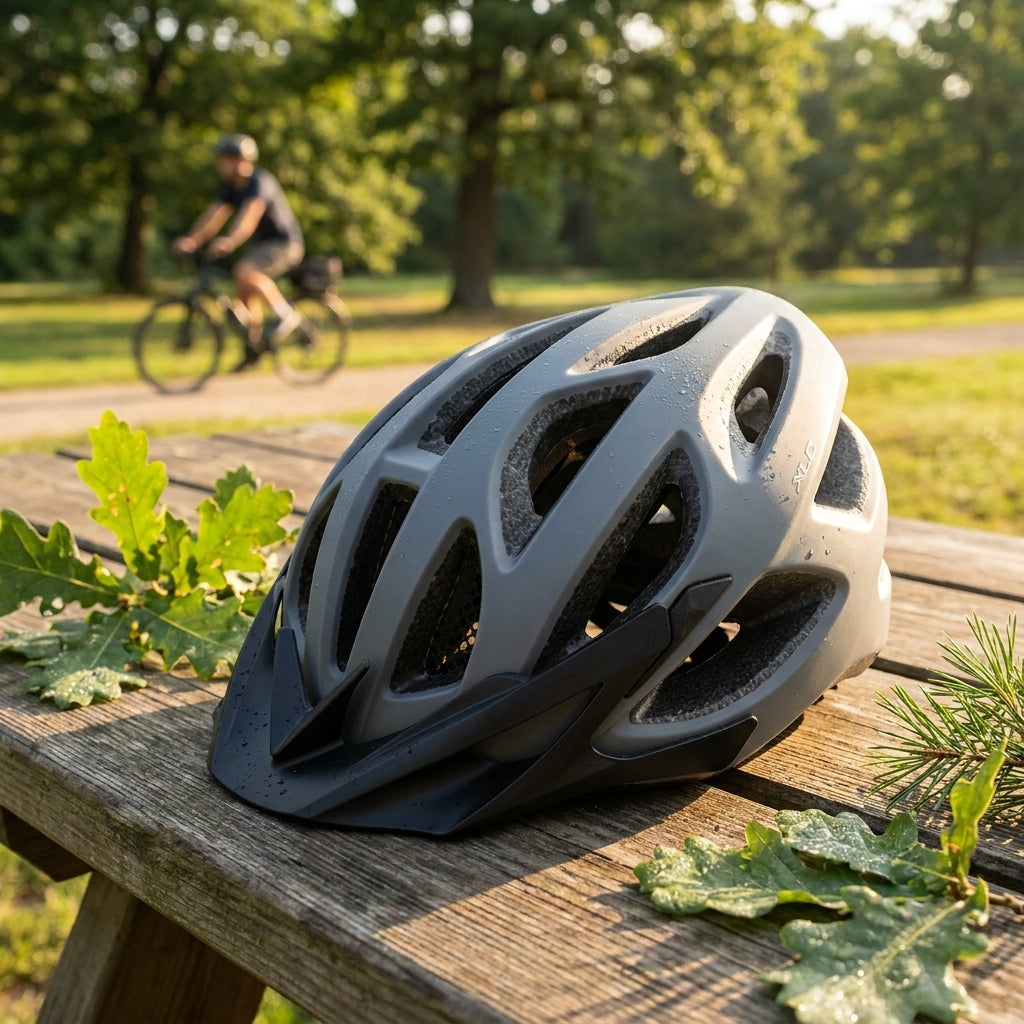 Grauer XLC Fahrradhelm BH-C33 Größe 58-62cm mit Tautropfen auf Holztisch, Radfahrer im Park.