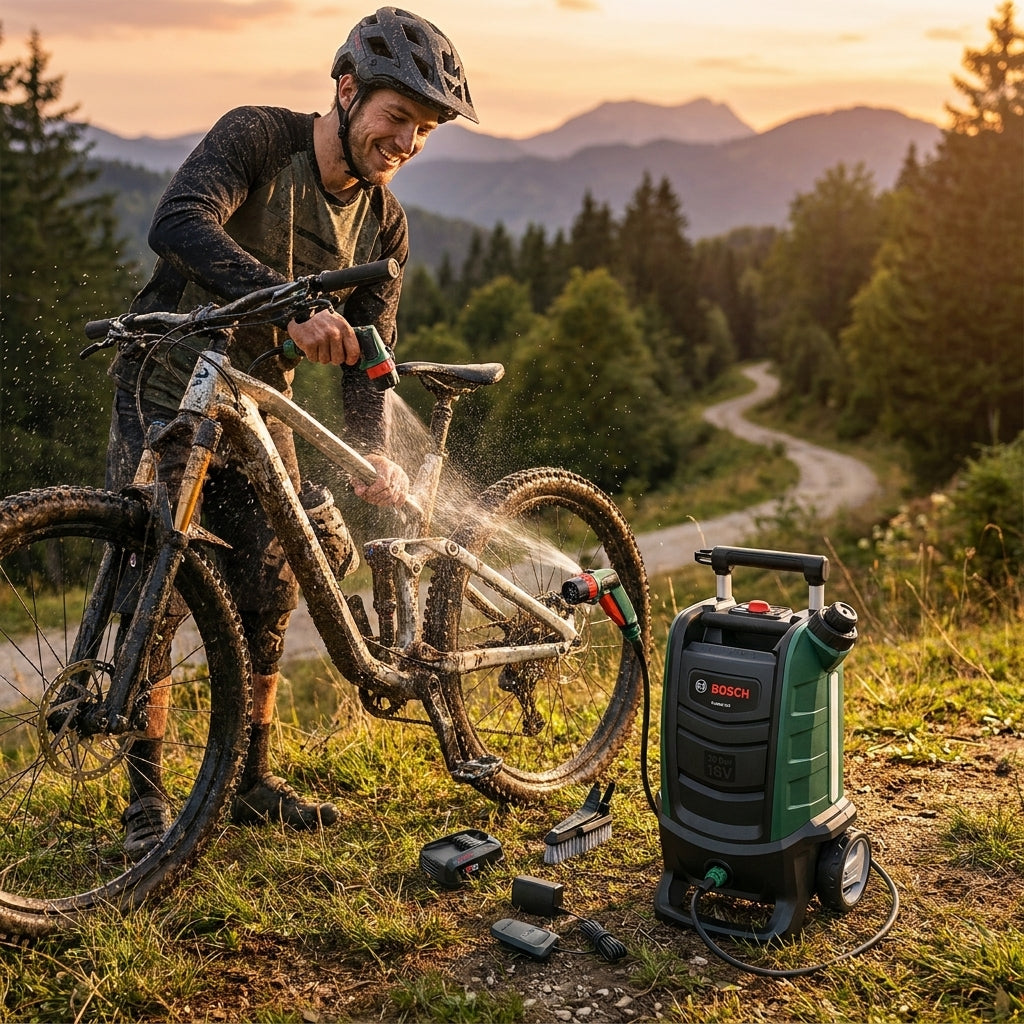 Mann reinigt schlammiges Mountainbike mit Bosch Fontus II 18V Akku-Outdoor Cleaner mobil im Gelände.