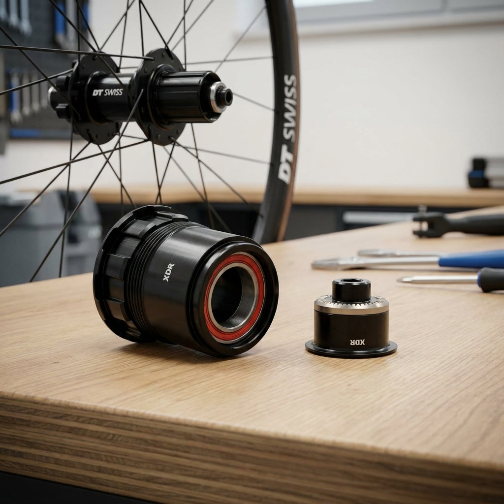 DT Swiss Freilauf-Umrüstkit SRAM XDR Ratchet EXP Aluminium auf Holztisch vor einem Fahrradrad.