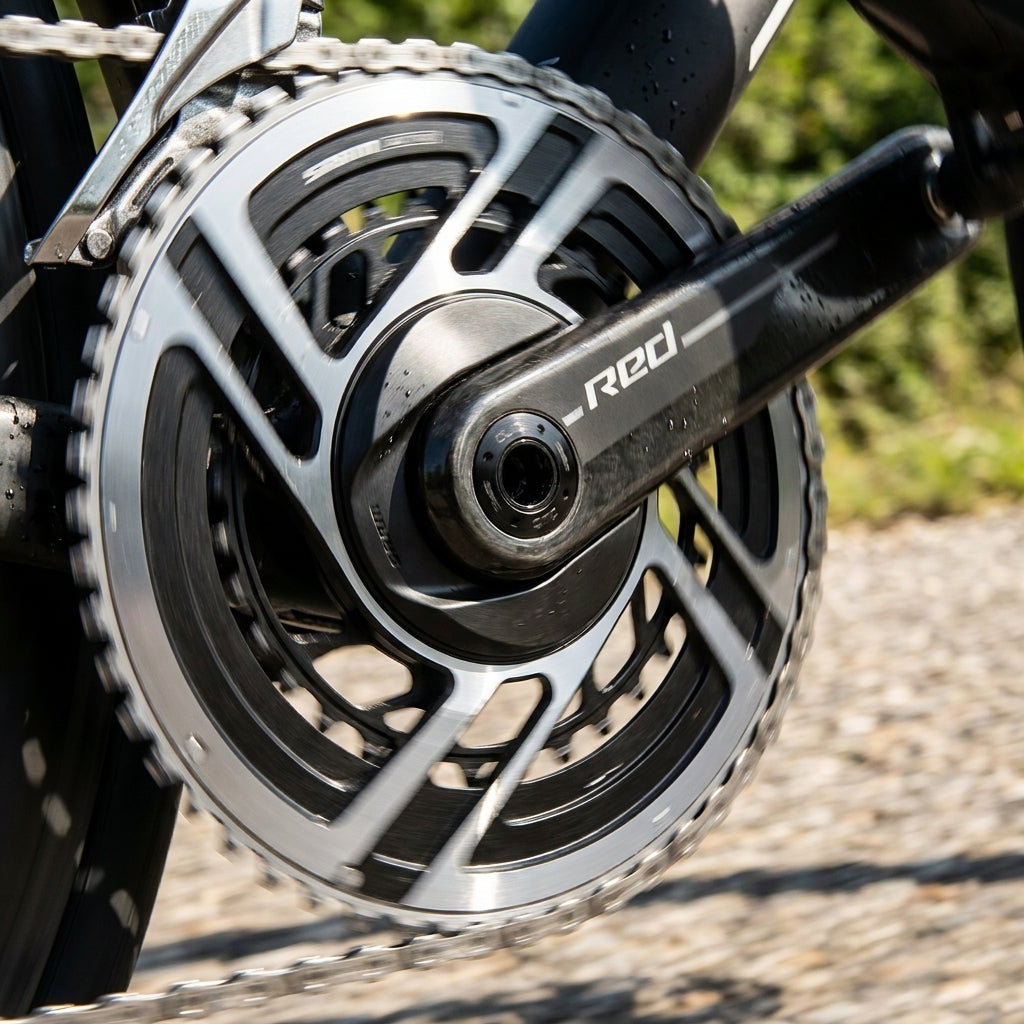 SRAM RED E1 Kurbelgarnitur 48-35T am Rennrad in Bewegung, ultraleichte Performance für Rennrad & Gravel.