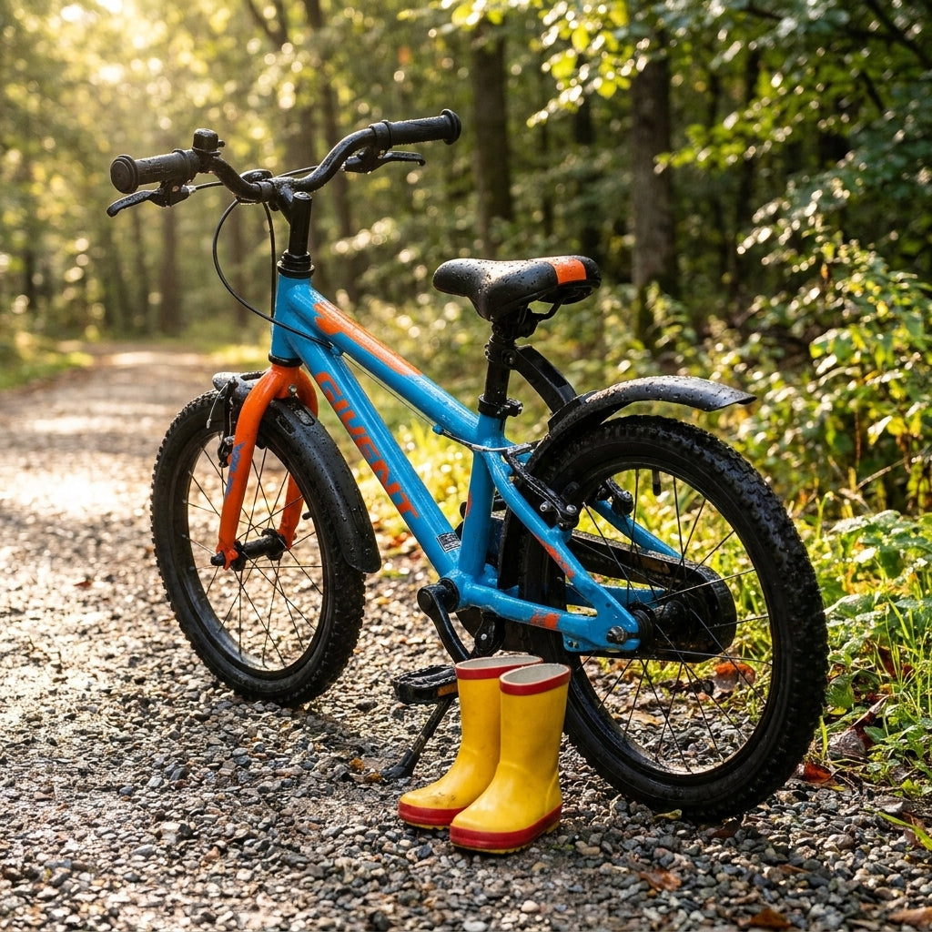 Zéfal Steckblech Set Kid schwarz an blauem Kinderfahrrad im Wald auf Kiesweg, daneben gelbe Gummistiefel.