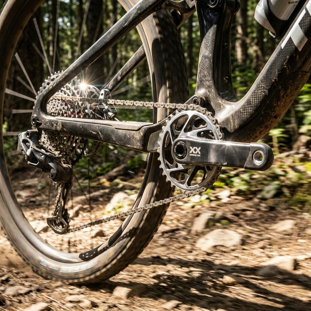 SRAM XX SL AXS Eagle Transmission 12-fach Antriebsgruppe mit Powermeter am Mountainbike auf schlammigem Waldweg.