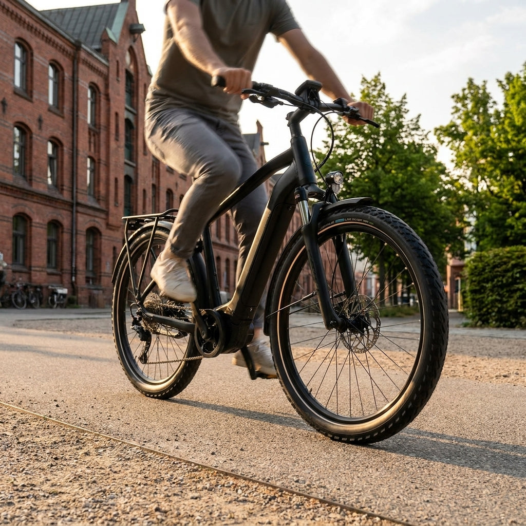 Schwalbe Reifen Land Cruiser Plus schwarz Reflex E-25 an fahrendem E-Bike in der Stadt.