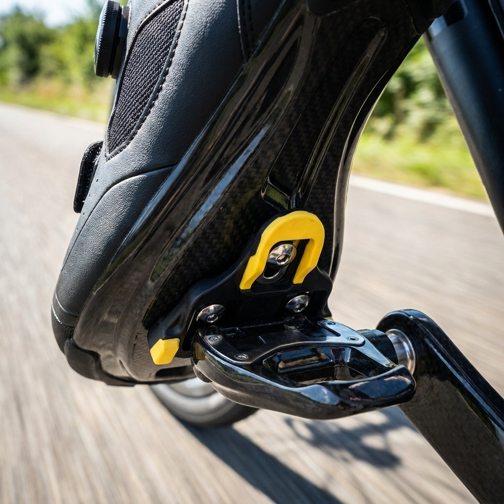 Shimano SM-SH11 SPD-SL gelbe Schuhplatten am Fahrradschuh mit Pedal, 6° Bewegungsfreiheit beim Radfahren.