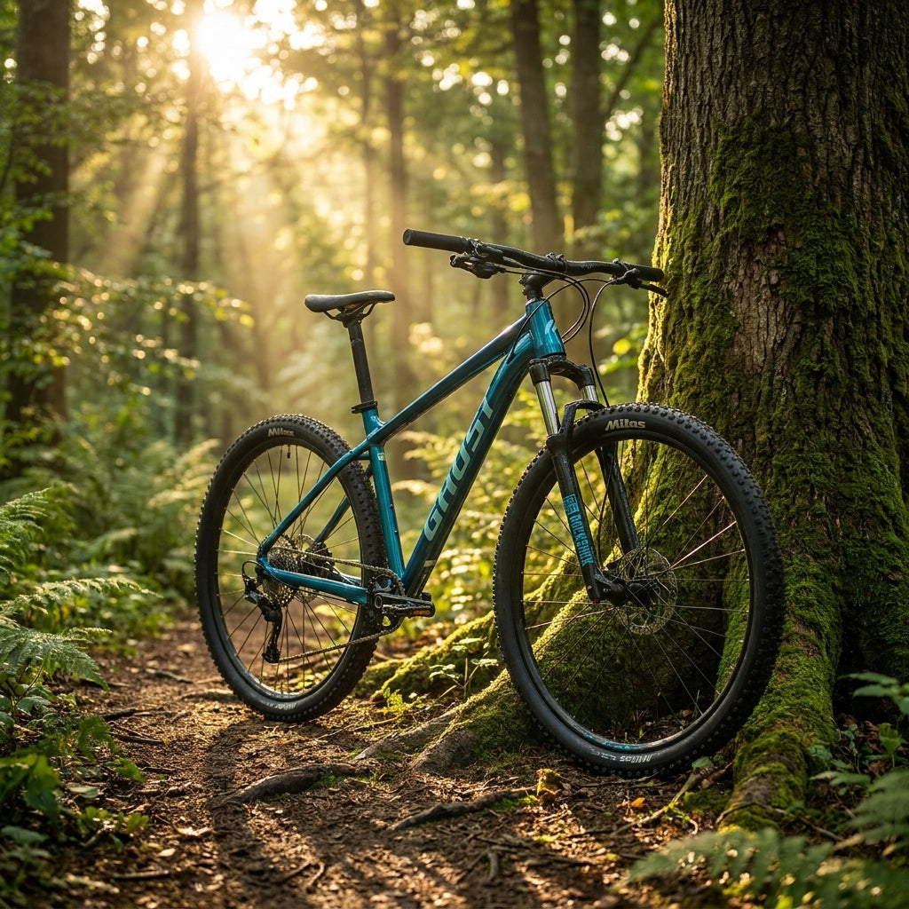 GHOST Kato Universal 29 AL Mountainbike, blaugrün glänzend, Größe XL, im sonnigen Wald.