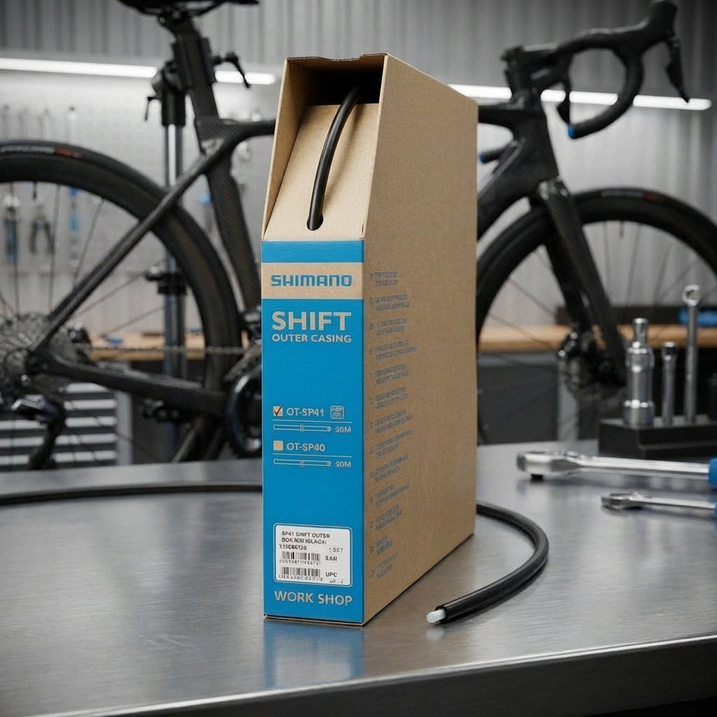 SHIMANO OT-SP41 Schaltzugaußenhülle 4mm 50m schwarz in der Werkstatt, für schnelle, präzise Schaltperformance am Fahrrad.