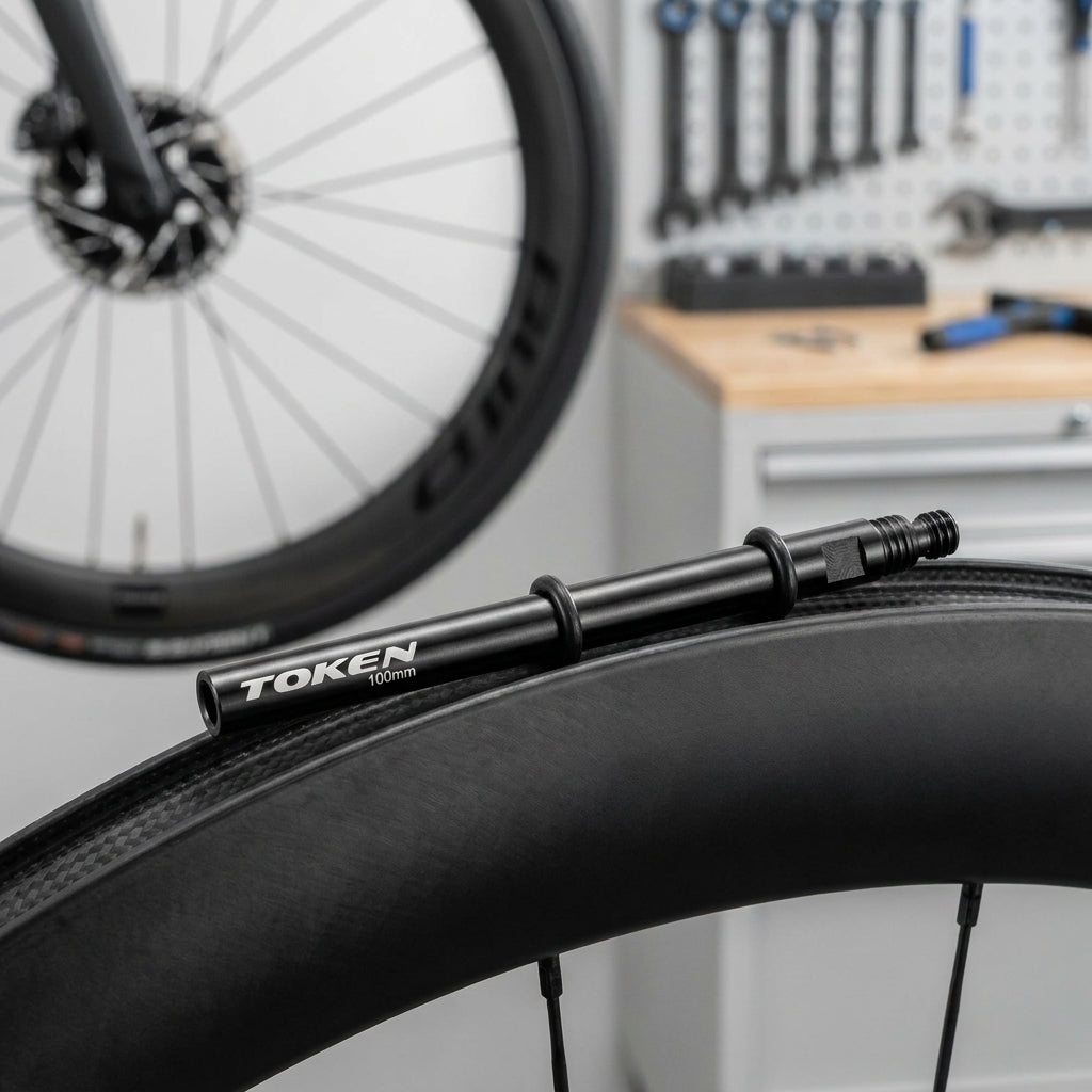 Schwarze TOKEN Ventil-Verlängerung 100mm auf Carbon-Fahrradfelge in Werkstatt.