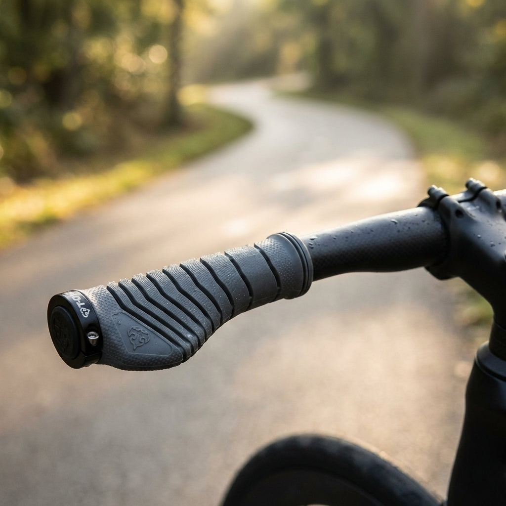 Ergonomische T-One Aero Fahrradgriffe in Schwarz-Grau zur Entlastung der Handgelenke und Vorbeugung von Taubheitsgefühl.