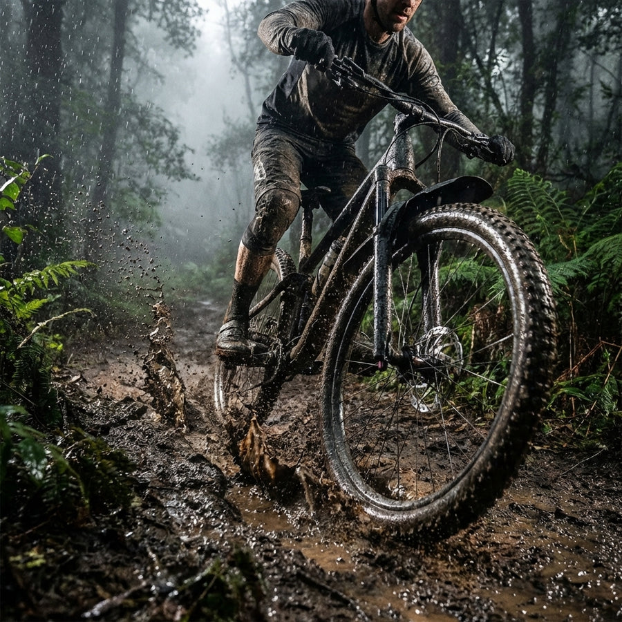 Mountainbiker fährt durch schlammigen Waldweg, X-CAPE VR-Schutzblech schützt effektiv vor Spritzwasser.