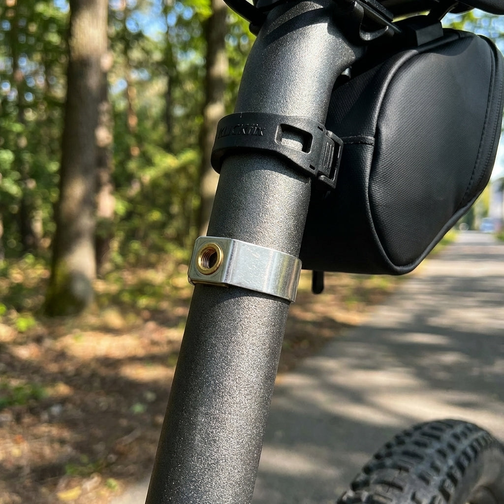 KLICKfix Oversize Schelle aus Metall (32-36mm) an Sattelstütze für Contour Adapter montiert.