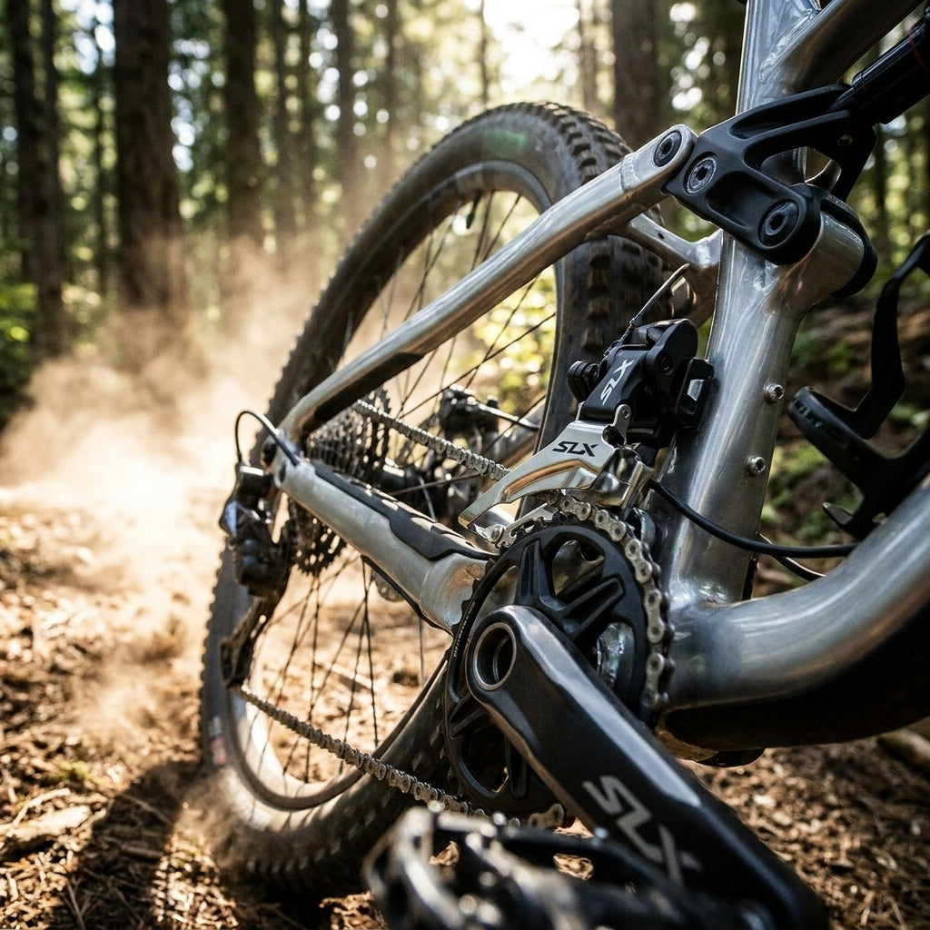 SHIMANO SLX FD-M7100 Umwerfer am Mountainbike auf staubigem Waldweg, bietet präzise Schaltperformance.