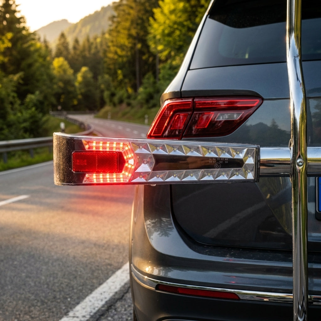 XLC LED Heckleuchte rechts CC-X19 am Fahrradträger leuchtend am Auto auf Landstraße.