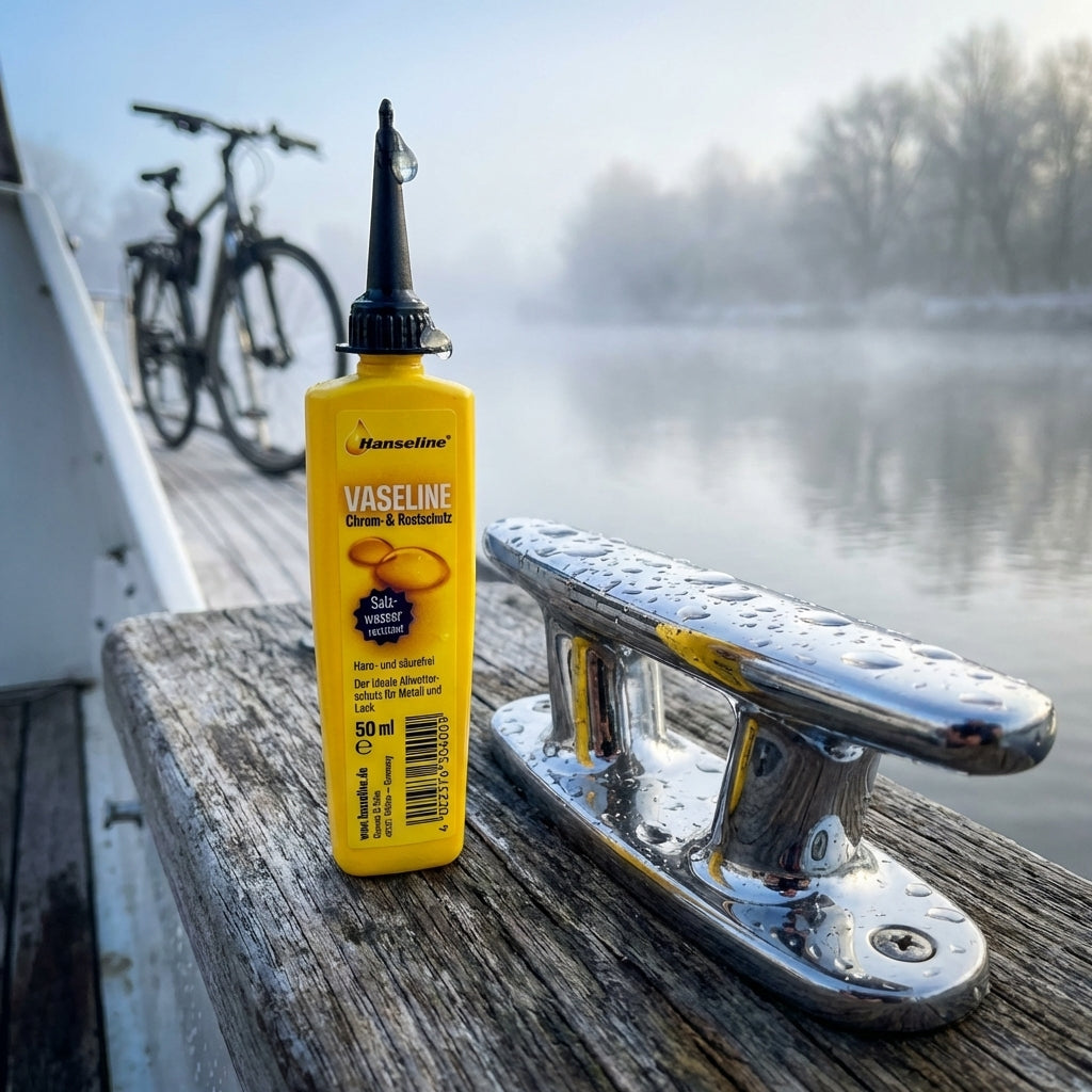 Hanseline Vaseline Chrom- & Rostschutz Tube 50ml auf Holzsteg mit Klampen, Fahrrad und Fluss im Nebel.
