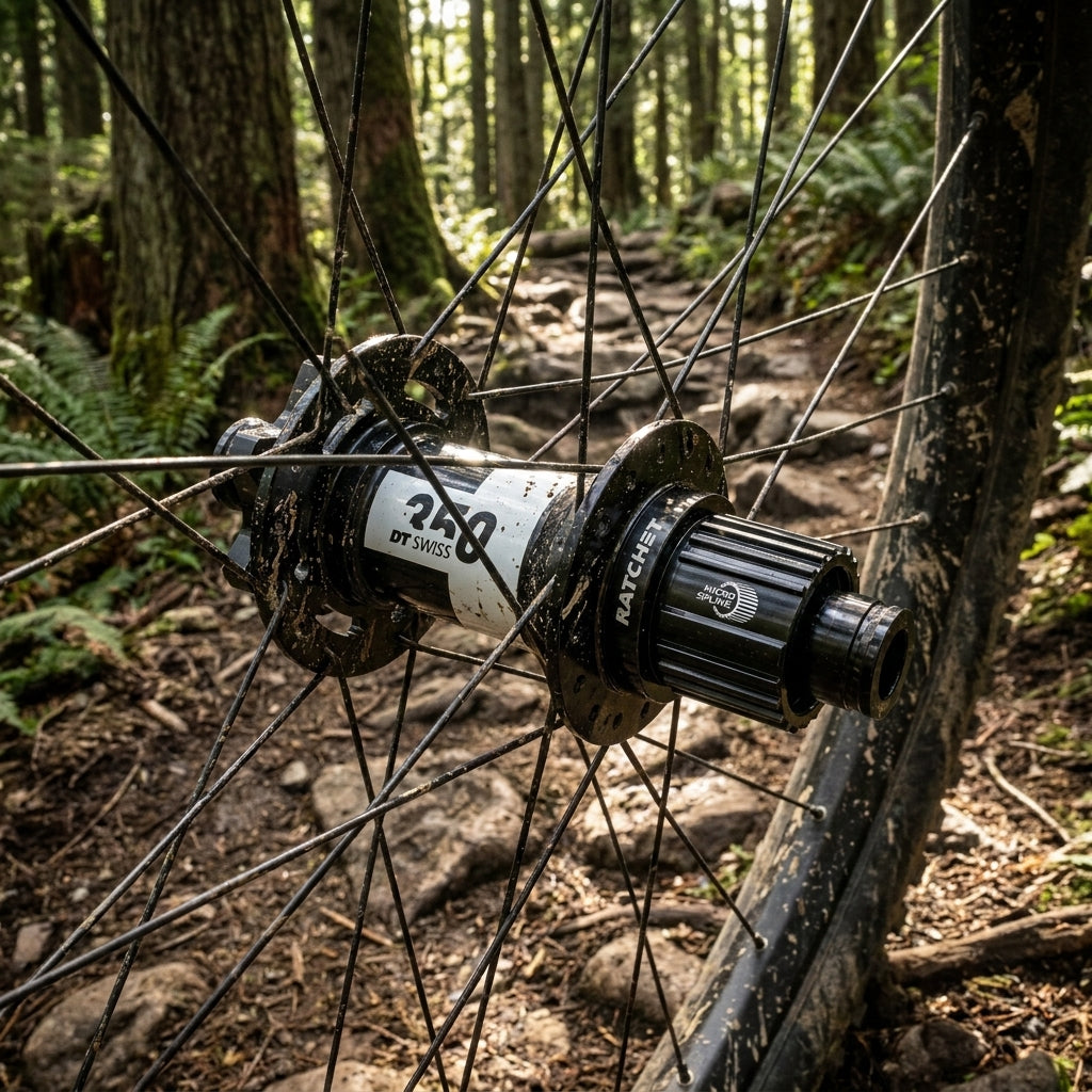 DT Swiss MTB Hinterradnabe 350 Classic schwarz, Boost, schmutzig auf Waldweg.