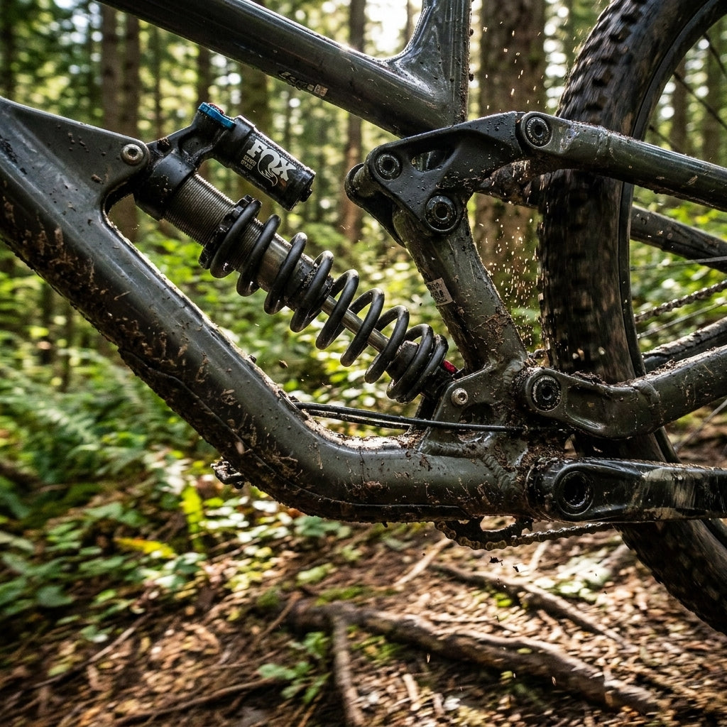 Schlammiges Mountainbike mit FOX Super Light Steel Dämpferfeder 70x425lbs in Aktion im Wald.