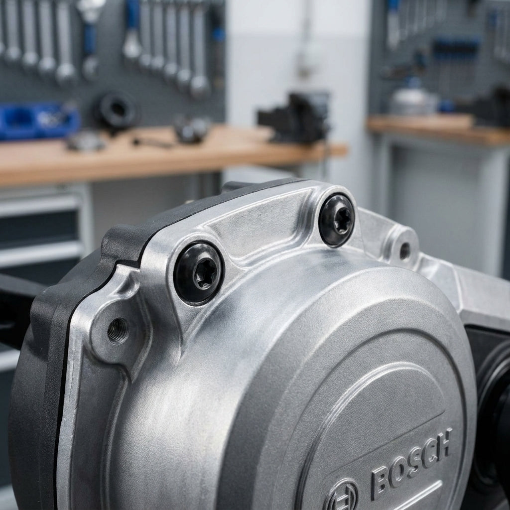 Bosch Schrauben-Set Montageplatte BDU37YY für E-Bike Antriebe, sicheres Befestigungsset auf silbernem Motor.
