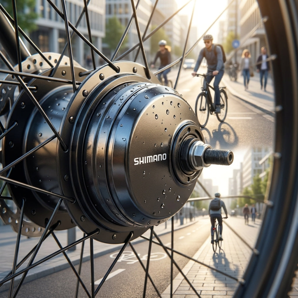 SHIMANO Motoreinheit NEXUS 5-fach Di2 am E-Bike, Nabe mit Wassertropfen und Radfahrern in der Stadt.