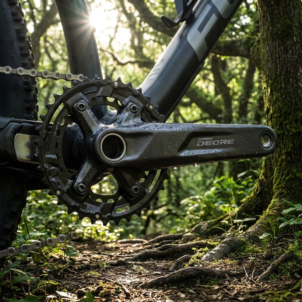 SHIMANO DEORE FC-M5100 Kurbelgarnitur, 11-fach, 36-26 Zähne, mit Wassertropfen auf einem Waldpfad.