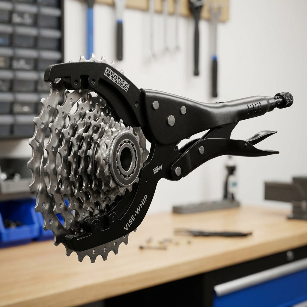 Pedros Vise Whip II Kassettenzange hält eine silberne Fahrradkassette auf einer Werkbank.