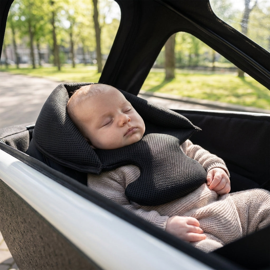 Schlafendes Baby in Melia Kopfstütze für Babysitz SC2&3 im Lastenrad.