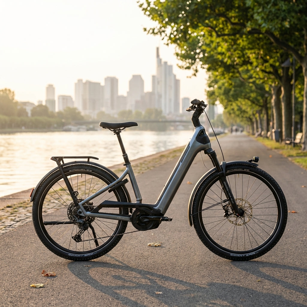 Komfortables Centurion Country R2000 L EP2 City- & Trekkingrad, marinegrau, am Flussufer mit Stadt-Skyline.