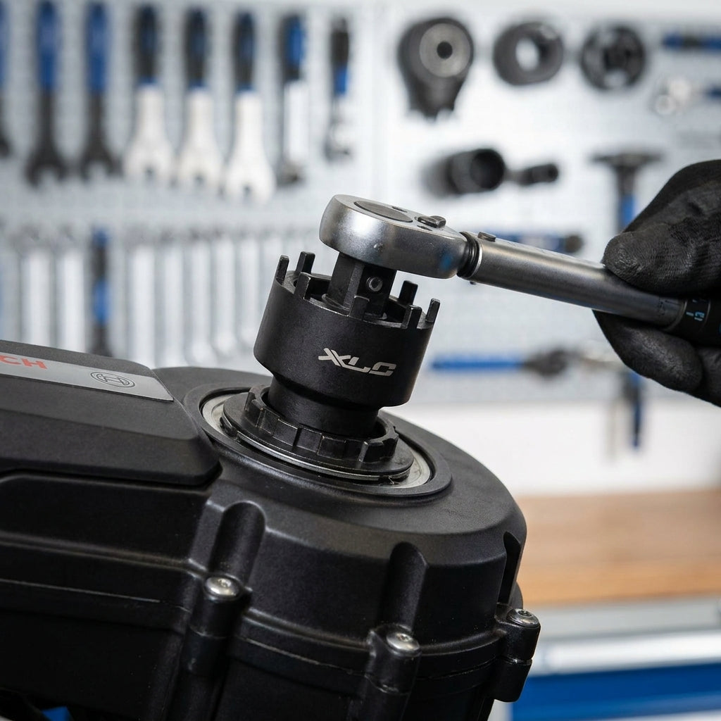 XLC Lockring Tool TO-E04 für Bosch E-Bike Kettenblatt-Wartung. Spezialwerkzeug für Gen 3/4/5 Antriebe, präzise, robust.