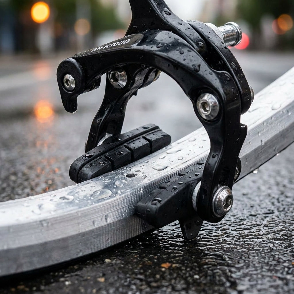 Detailaufnahme nasser SHIMANO BR-R7000 Bremsschuhe R55C4 für Alufelgen am Fahrrad.