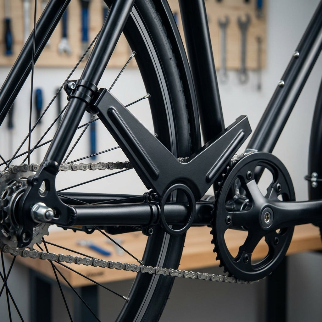 Schwarzer Horn Kettenschutz Befestigungssatz B17 220mm für Catena 17 am Fahrrad montiert.