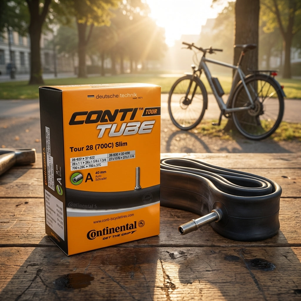 Continental Conti Tour 28 Slim Fahrradschlauch mit 40mm Autoventil und Verpackung auf einem Holztisch.