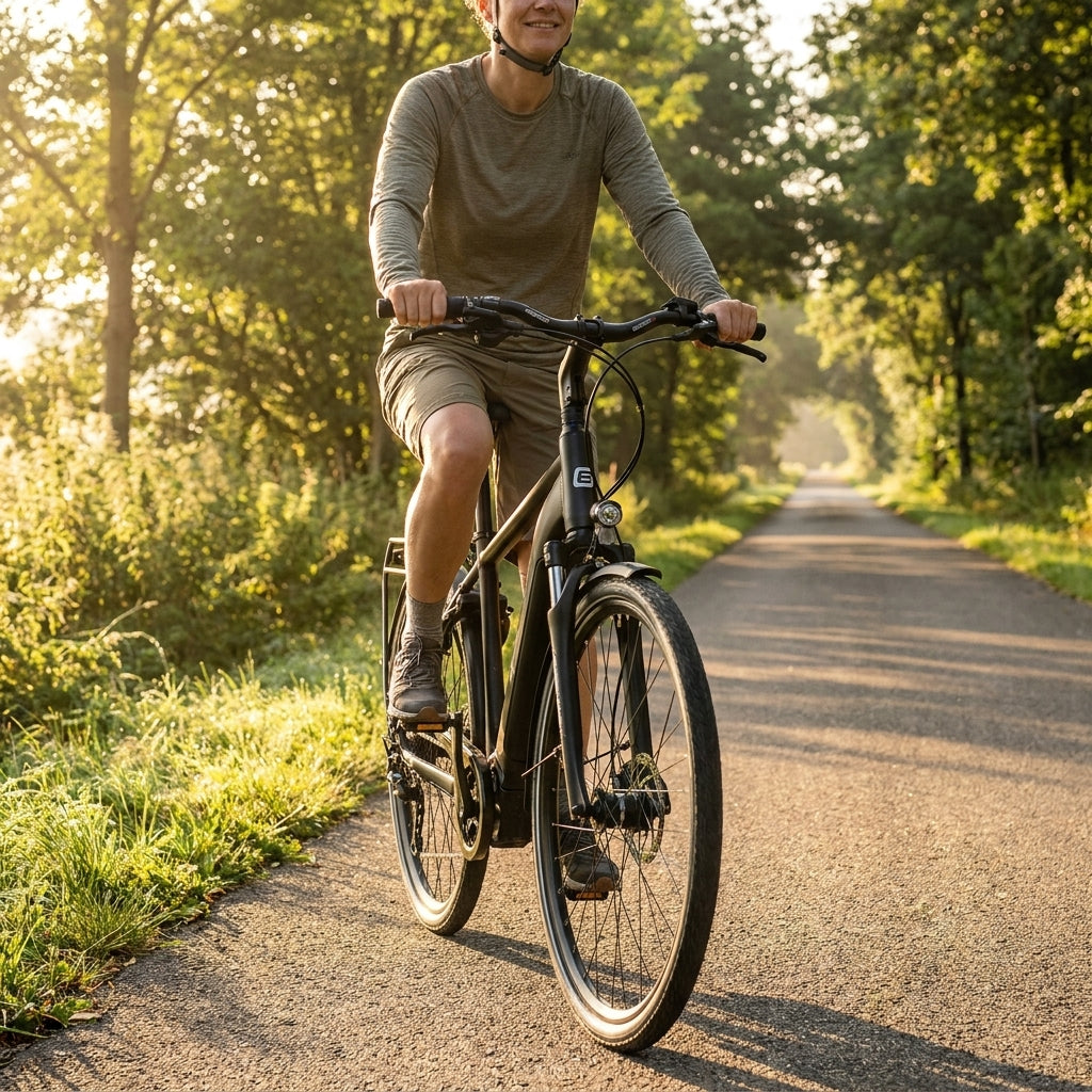 Fahrradfahrer mit Humpert/Ergotec Vorbau High Barracuda Ahead 90 mm 31 - 31.8 mm auf sonnigem Waldweg.