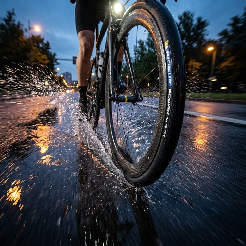 Michelin Power All Season Reifen schwarz faltbar auf Fahrrad, das durch eine Pfütze auf nasser Straße spritzt.