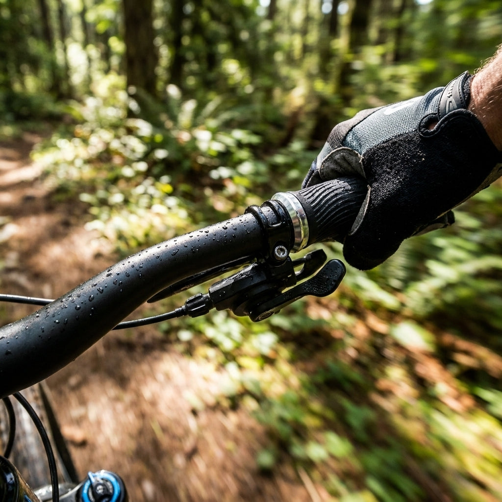 SRAM Lockring Griffe GripShift 122mm silber am MTB-Lenker mit Hand auf nassem Waldweg.