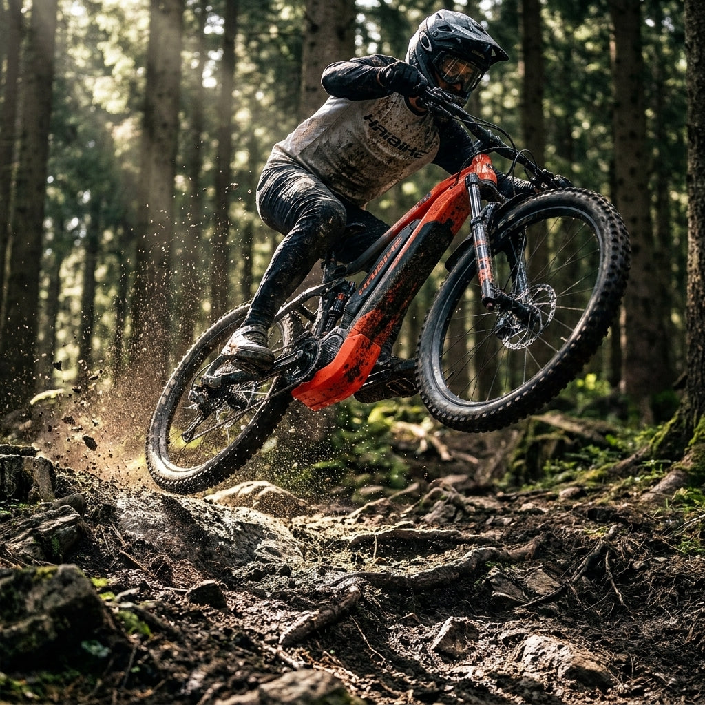 Orange-rote matte Yamaha Motor Skidplate an Mountain E-Bike in Aktion, Schlamm spritzt im Wald.