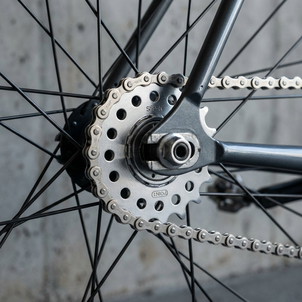 Silbernes Single Speed Ritzel SSP-tx 17 Zähne mit Kette am Fahrrad Hinterrad, Detailaufnahme.