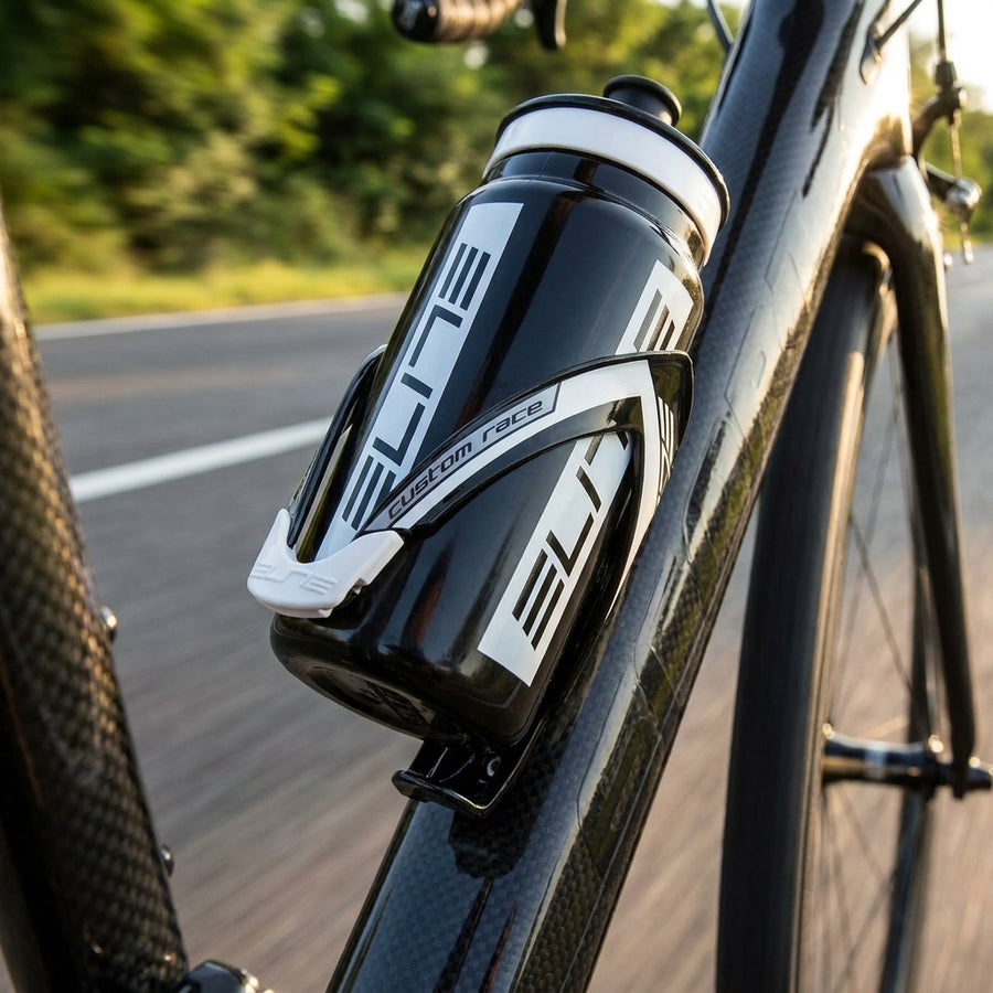 Elite Flaschenhalter Custom Race schwarz/weiß glanz mit Trinkflasche am Carbon-Rennrad auf sonniger Straße.