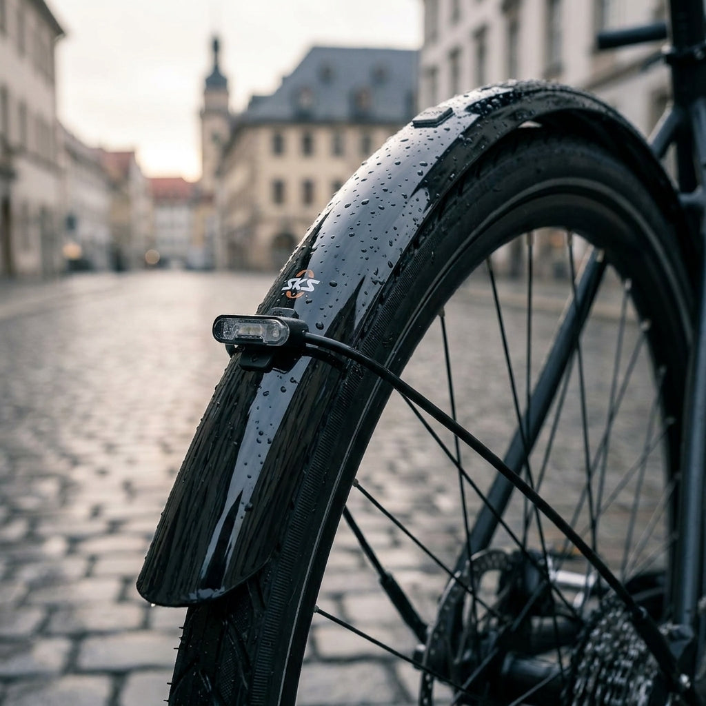 SKS Bluemels Cable Line 28" Hinterrad-Schutzblech, schwarz, mit integrierter Kabelführung für Rücklicht, nass auf Fahrrad.