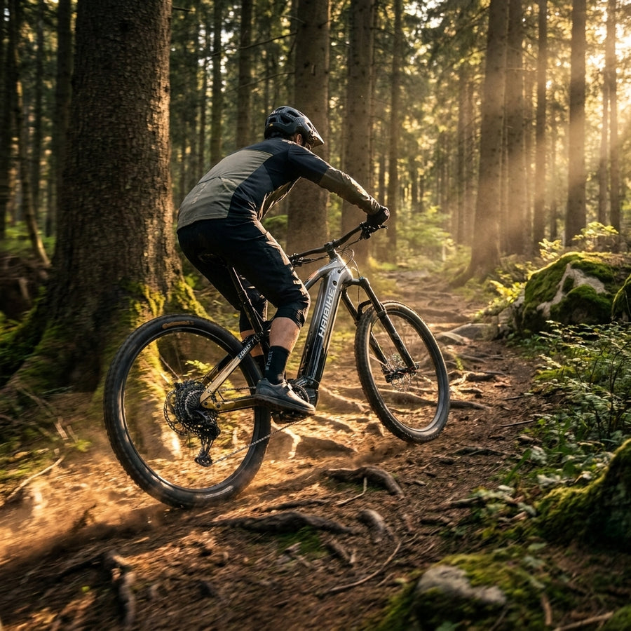 Haibike ALLTRAIL 10.5 29 E-MTB in schwarz/gold/grau auf sonnigem Waldtrail, Mountainbiker fährt.