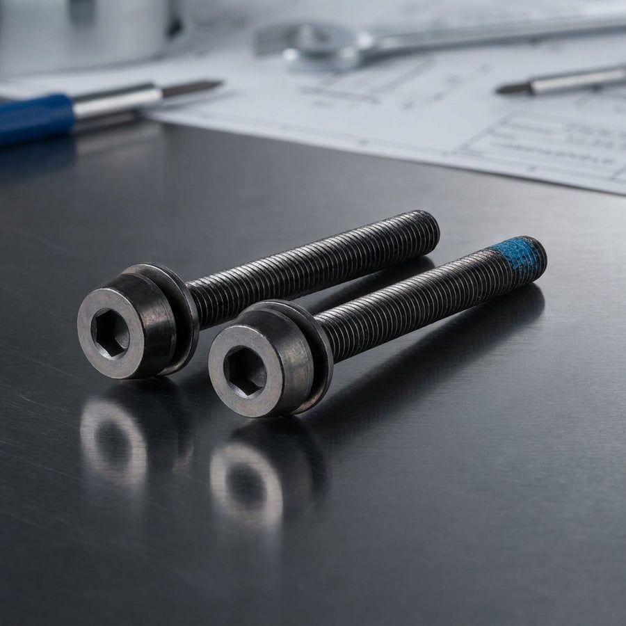 Zwei Campagnolo H11 Scheibenbremsen-Schrauben für hinten auf dunklem Metall, eine mit blauer Spitze.