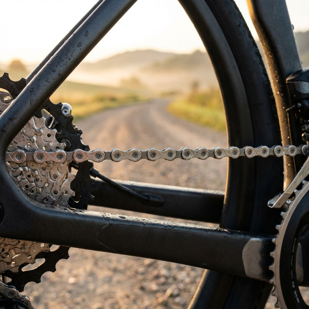 KMC X11 11-fach Fahrradkette am Bike-Antrieb mit Kassette und Kurbel auf Schotterweg im Morgenlicht.