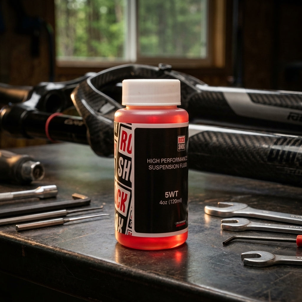 RockShox 5WT 120ml Federungsöl auf einer Werkbank mit Fahrradkomponenten und Werkzeugen.