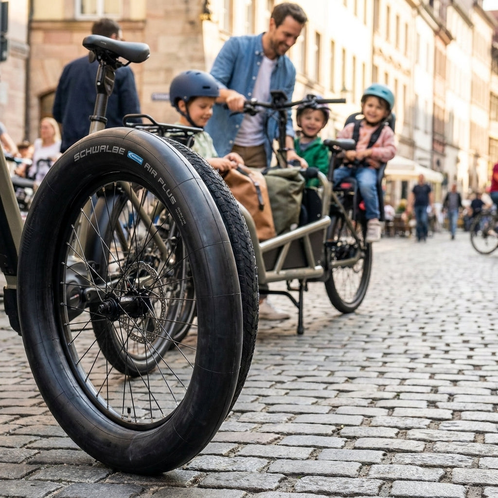 Schwalbe AIR PLUS Schlauch AV10LAP am pannensicheren Cargo-E-Bike für Familienausflüge.