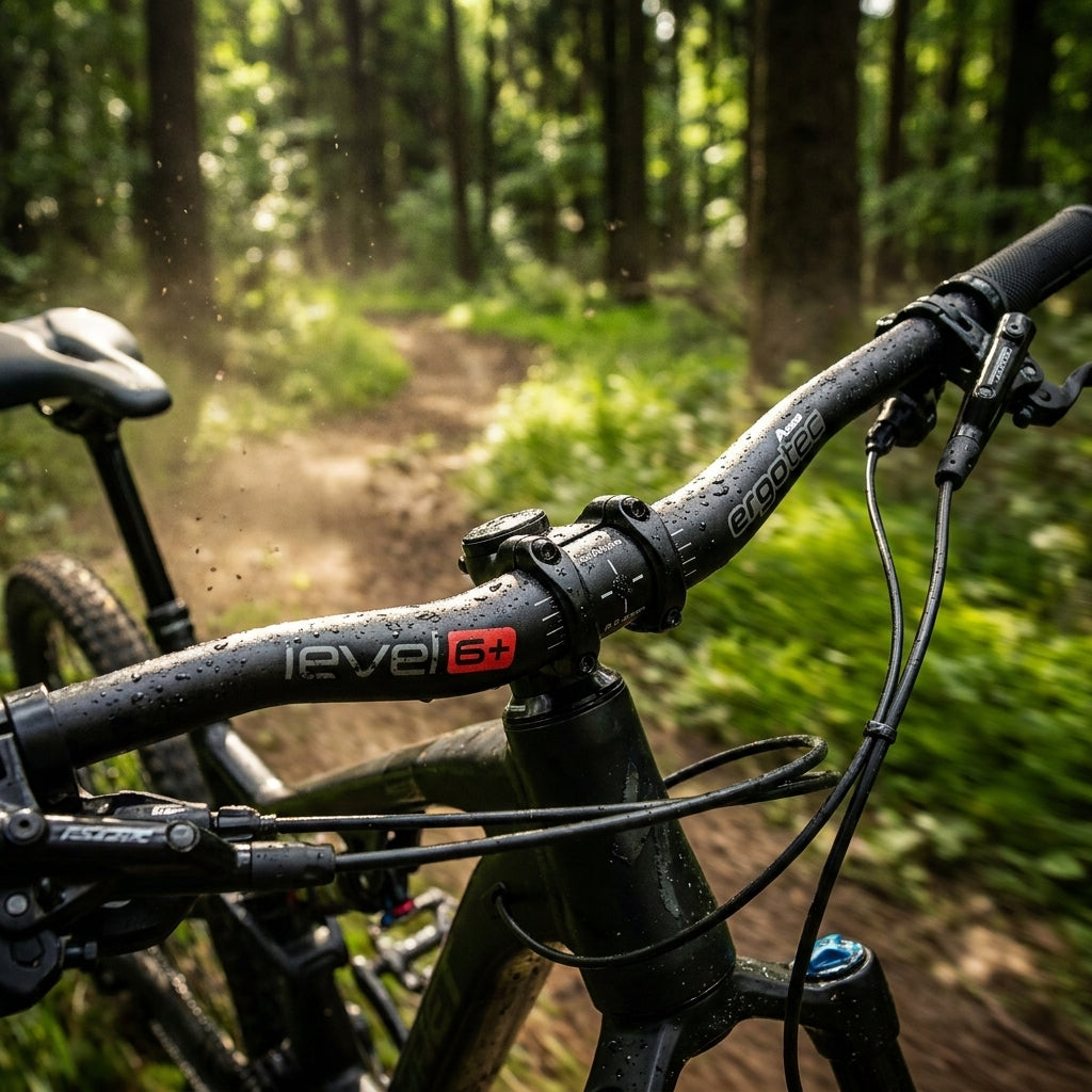 Ergotec Lenker Low Riser Bar schwarz am Mountainbike mit Wassertropfen auf Waldweg.