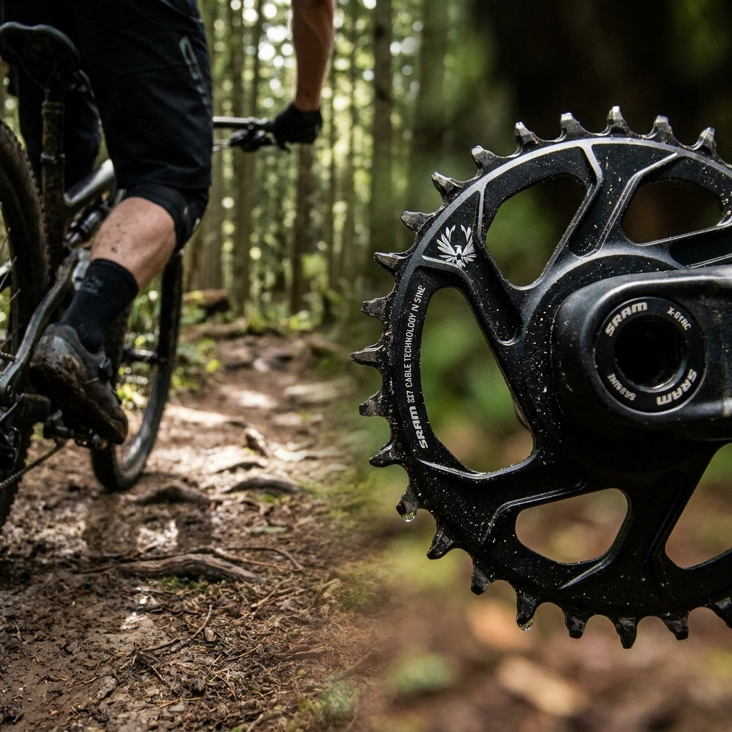 SRAM X-Sync Eagle 32T Kettenblatt schwarz für 12-/11-fach MTB, präziser Antrieb beim Mountainbiken im Wald.