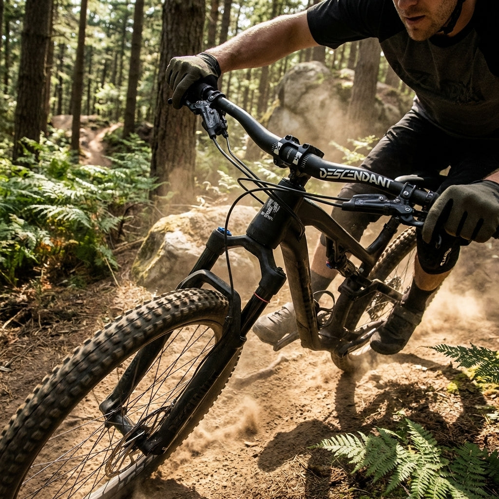 Truvativ Descendant Ahead Vorbau 40mm an schwarzem Mountainbike im Wald auf Schotterweg, Biker fährt.