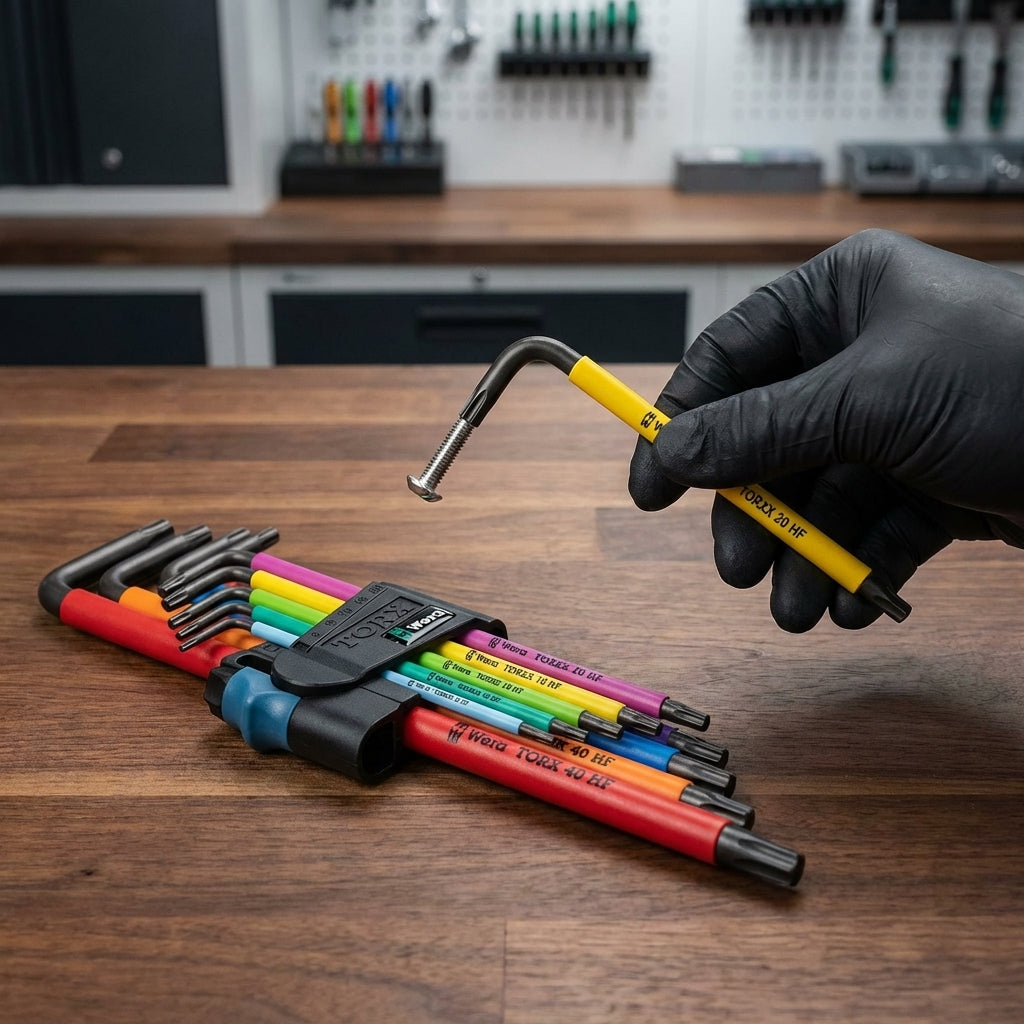 Wera 9-teiliger farbiger Torx Winkelschlüsselsatz HF für Fahrräder, ein Schlüssel hält eine Schraube.