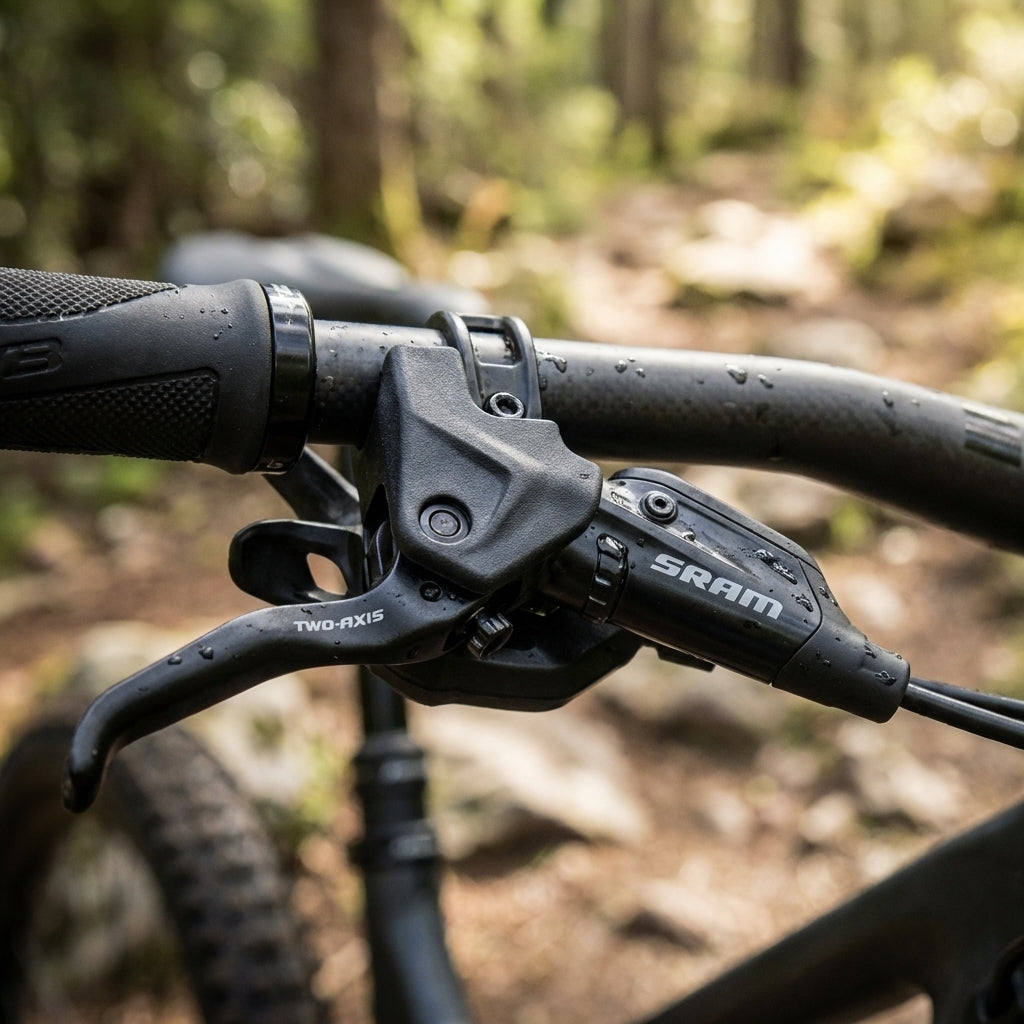 SRAM Two-Axis Bremshebel am Mountainbike-Lenker, mit Wassertropfen. Bietet zuverlässigen Schutz für Bremsen.