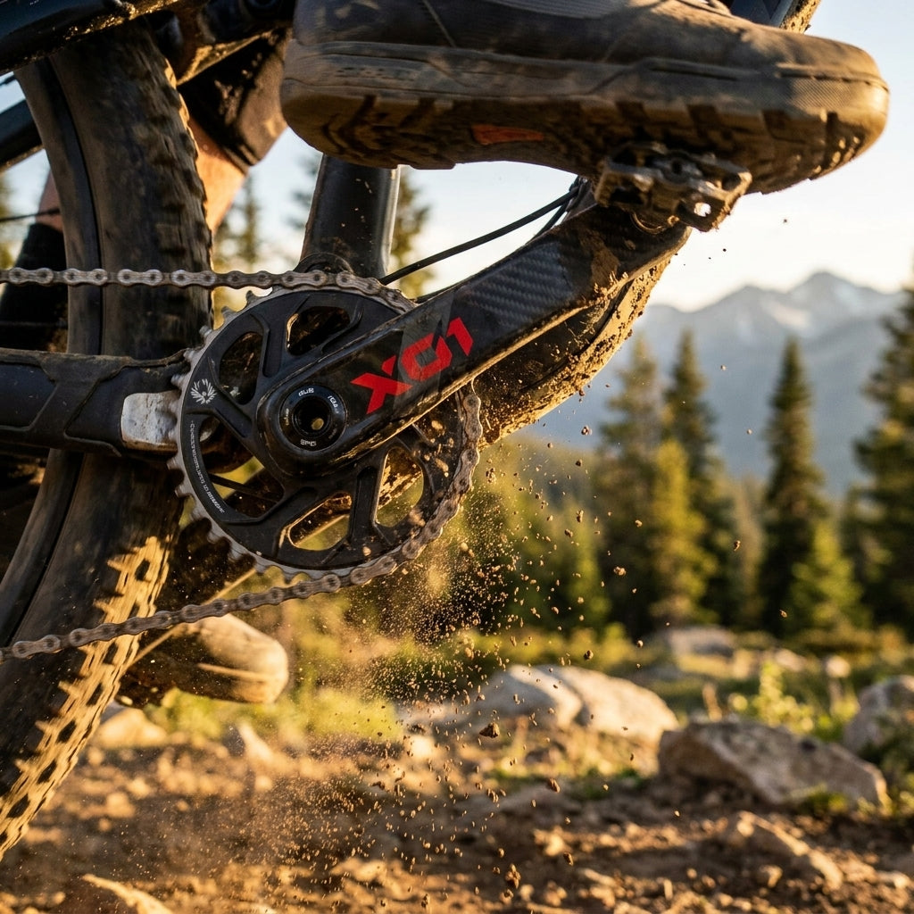 Leichte SRAM X01 Eagle DUB Carbon Kurbelgarnitur am Mountainbike in Aktion, Dreck spritzt.