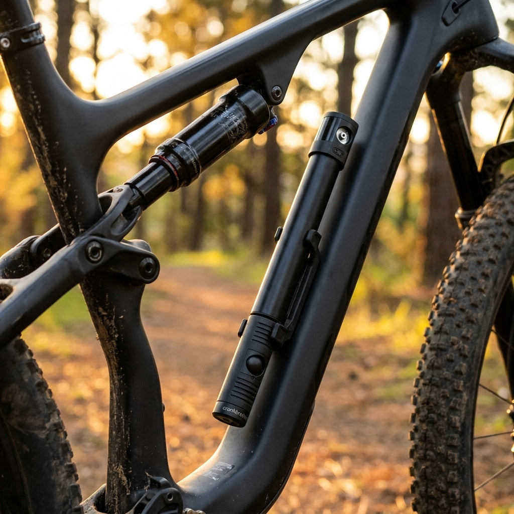 Crankbrothers Klic HV Handpumpe schwarz am Mountainbike-Rahmen mit analogem Manometer und Rahmenhalter im Wald.