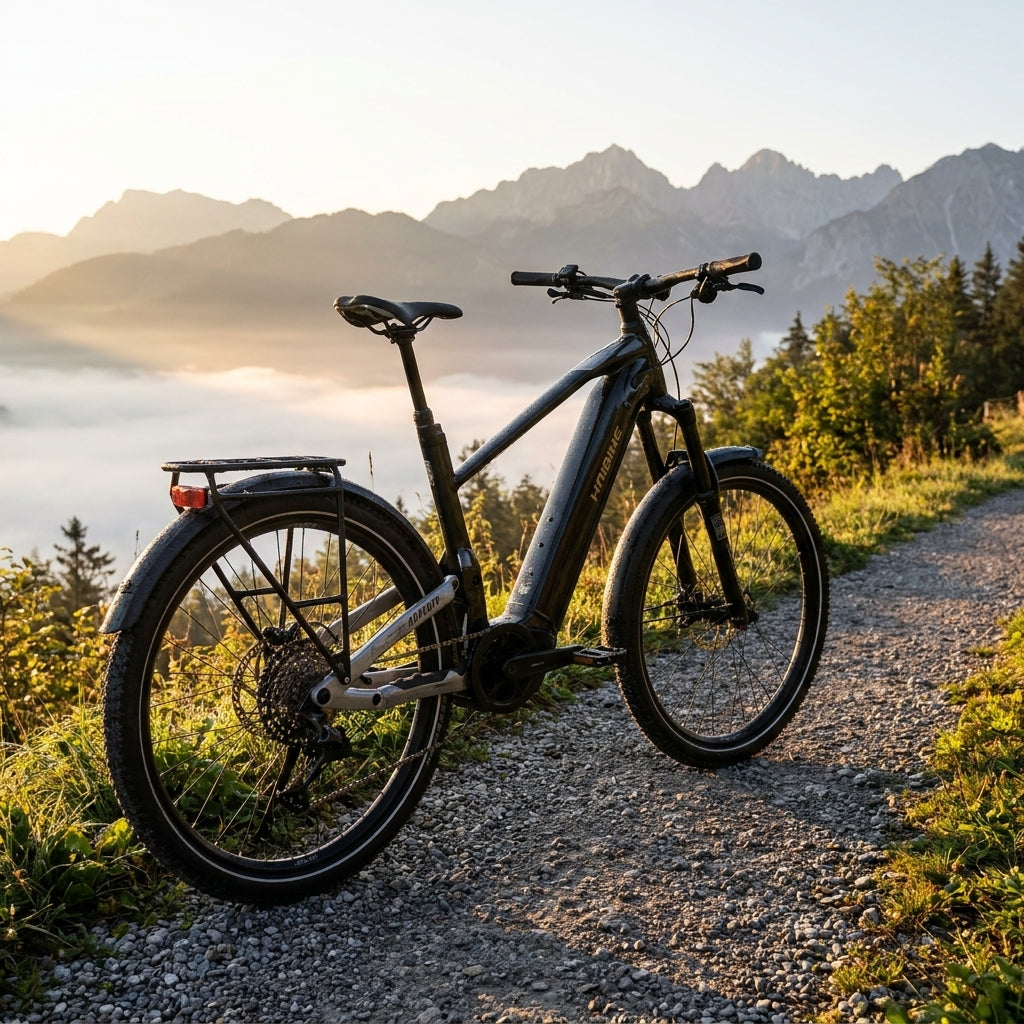Haibike ADVENTR 6 E-Bike schwarz, auf Schotterweg in Berglandschaft mit Nebelmeer bei Sonnenaufgang.