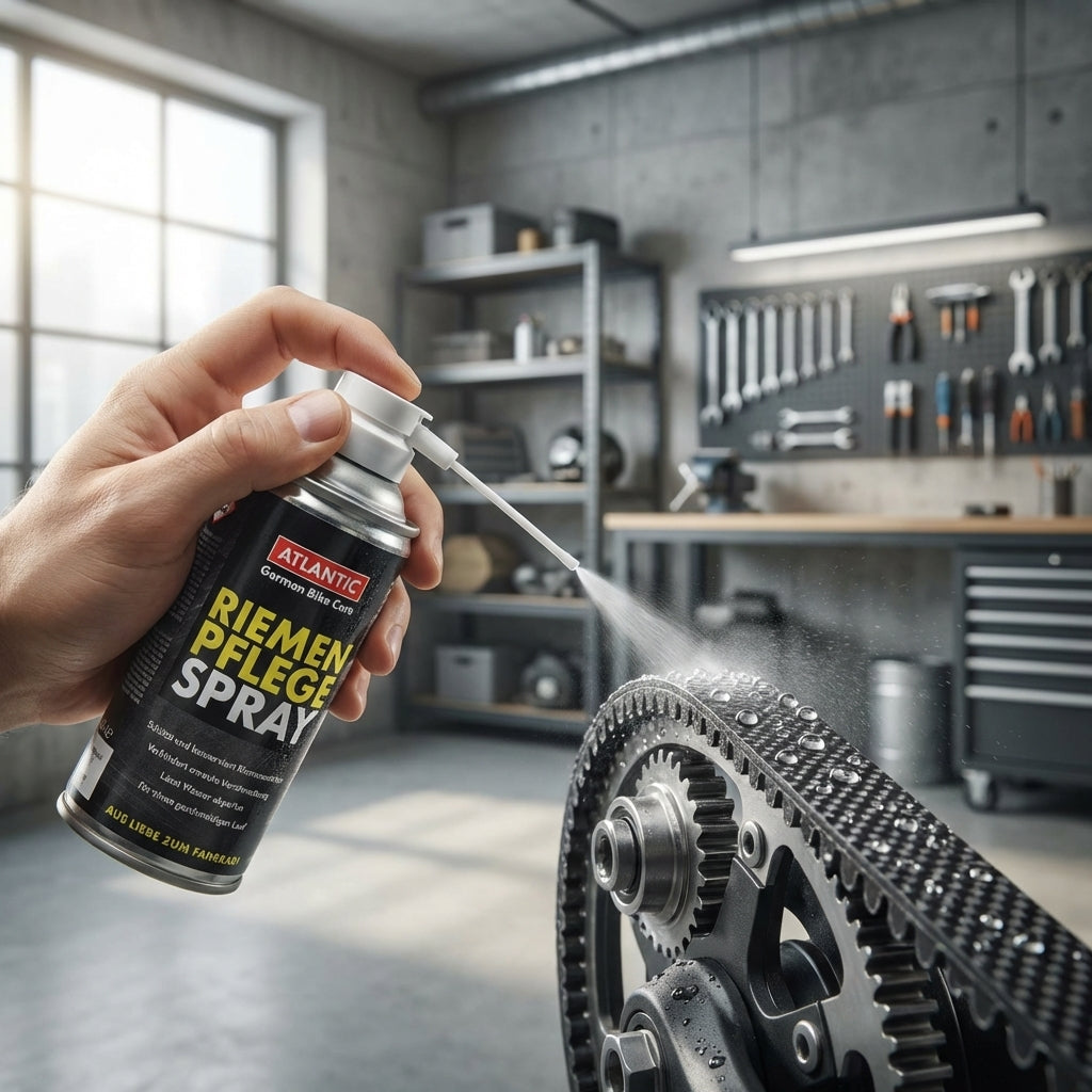 Hand sprüht Atlantic Riemenpflegespray mit Kapillarrohr auf Fahrrad Riemenantrieb in Werkstatt.